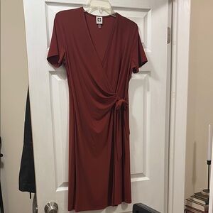 Anne Klein Brown Ruched Wrap Midi Dress
